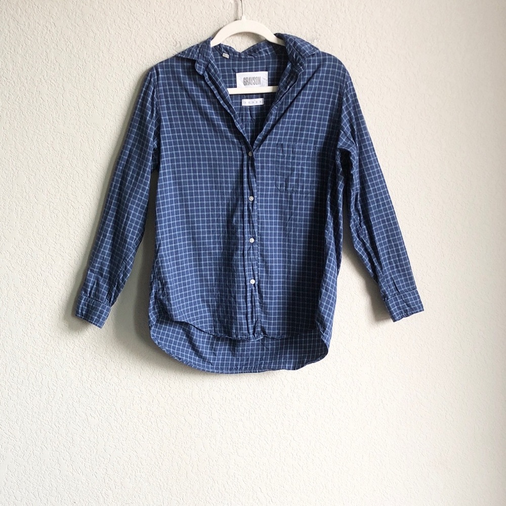 Grayson The Hero Shirt Blue Plaid 100% Cotton Button Front 1 XS